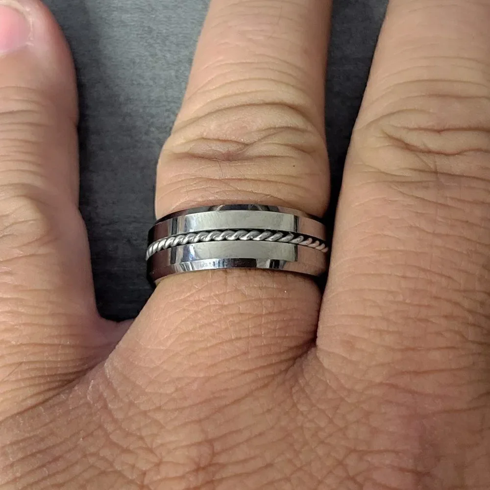 Men's Silver Tungsten Wedding Ring Twisted Wire Cable Inlay  Wedding Band